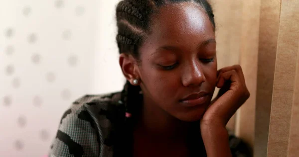 Pensive Black Teen Girl Child Thinking Thoughtful Sad Depressed Teenager — Foto Stock