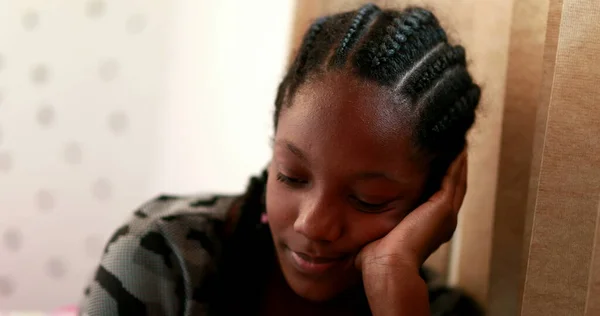 Pensive Black Teen Girl Child Thinking Thoughtful Sad Depressed Teenager —  Fotos de Stock