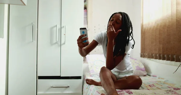 Happy Candid Teen Girl Speaking Phone Video Communication — Stockfoto