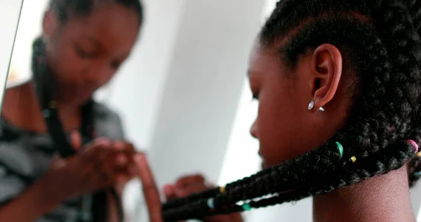 Confident Black Teen Girl Looking Herself Mirror — Stock Fotó