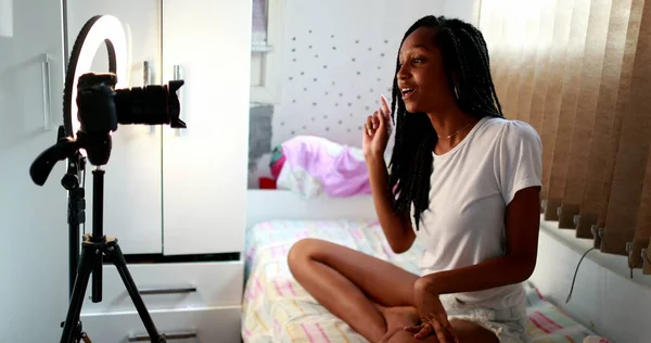 Candid Influencer Making Video Social Media Home Black African Ethnicity — Stok fotoğraf