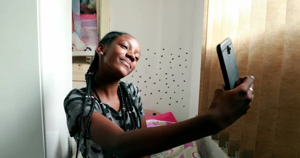 African Girl Waving Hello Camera Speaking Video Smartphone Device — Stockfoto