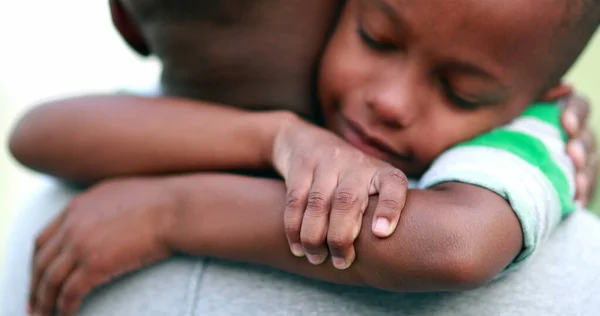 Son Hugging Father African Kid Embracing Dad Candid Authentic Love — Stockfoto