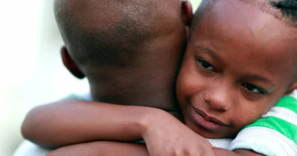 Son Hugging Father African Kid Embracing Dad Candid Authentic Love — Φωτογραφία Αρχείου