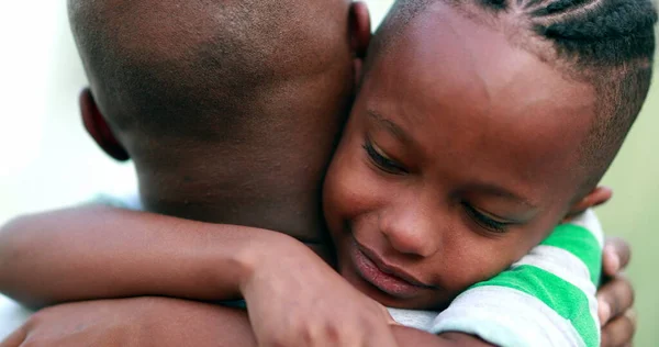 Son Hugging Father African Kid Embracing Dad Candid Authentic Love — Stockfoto