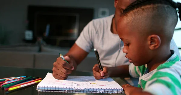 Little Boy Studying Home Doing Homework Father Help — Fotografia de Stock