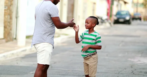 Father Son Special Handshake Greetings Dad Child Bonding Black Ethnicity — 图库照片