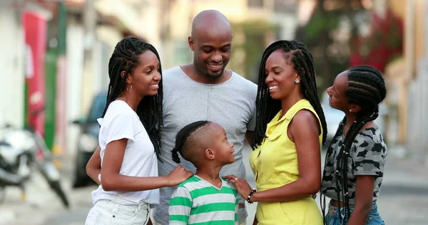 Beautiful Black Family Smiling Camera African Parents Kids Standing Outdoors — 스톡 사진