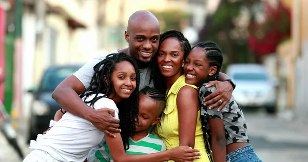 Beautiful Black Family Embrace Loving Father Hugging Wife Children African — Stockfoto