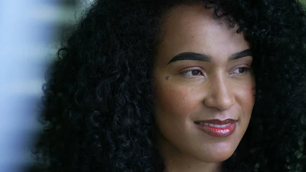 Pensive Black Woman Portrait Face Close Brazilian Latina Hispanic Person — Zdjęcie stockowe