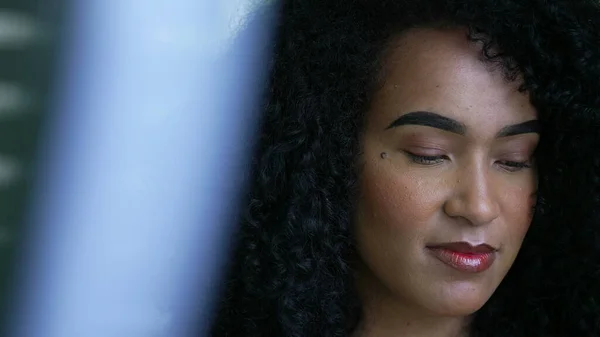Pensive Black Woman Portrait Face Close Brazilian Latina Hispanic Person — 스톡 사진