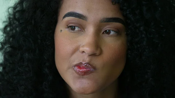 Doubtful Black Woman Face Closeup Thoughtful African Person — ストック写真