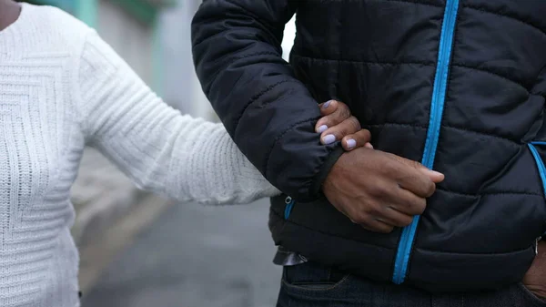 Older Mother Adult Son Relationship Hands Together Walking Street — Stock Photo, Image