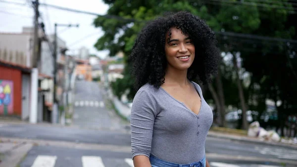 Happy Brazilian Woman Standing Urban Street — Stockfoto