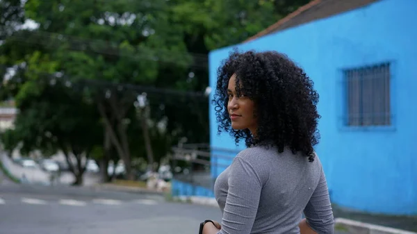 Confident Brazilian Woman Walking Urban Street — Stockfoto