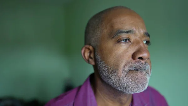 Pensive Depressed Black Senior Man Thinking Life Close Face Emotion — Stok Foto