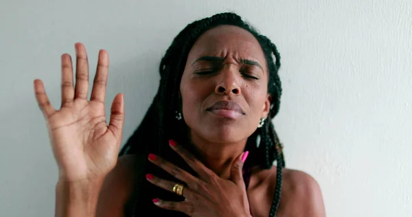 Black Woman Praying God African Female Raising Arms Sky Seeking — Stock Fotó