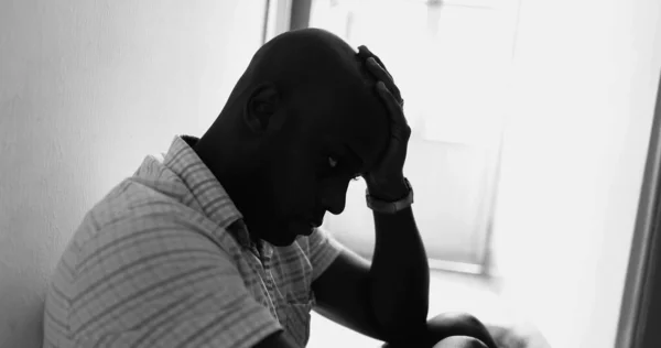 Black African Man Sitting Floor Home Worry Unemployed Person — Foto Stock