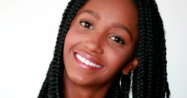 Happy Black Teen Girl Smiling Camera Portrait Millennial Mixed Race — Fotografia de Stock