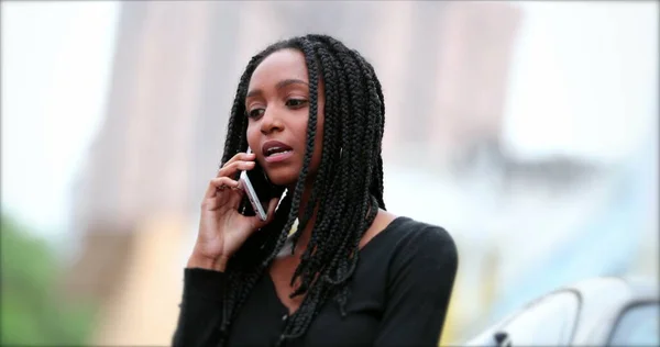 Black African Teen Girl Speaking Phone Candid Mixed Race Teenager — Zdjęcie stockowe
