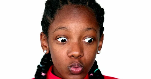 Africano Menina Surpresa Reação Preto Adolescente Jovem Mulher Close Rosto — Fotografia de Stock
