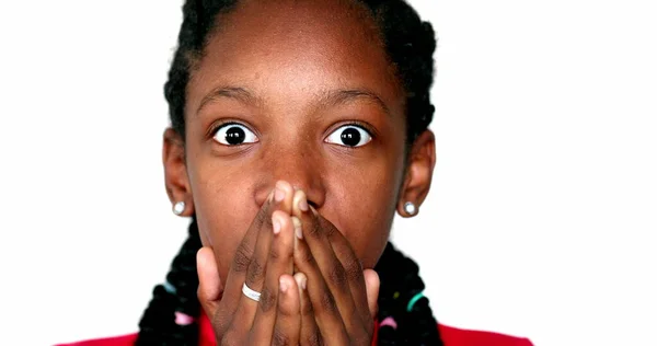 Africano Menina Surpresa Reação Preto Adolescente Jovem Mulher Close Rosto — Fotografia de Stock