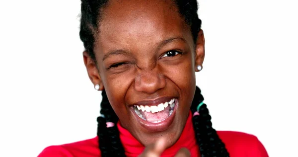 Happy Black Teen Girl Smiling Winking Camera Mixed Race Child — Stockfoto