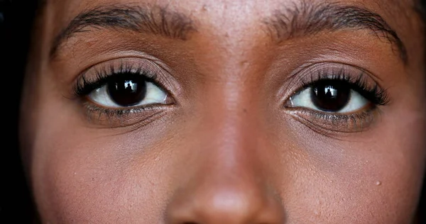 Close African Young Woman Eyes Looking Camera Macro Closeup Black — Stok Foto