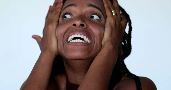 Anxious Black African Woman Reacting Horrible News Horror Shock Desperate — 스톡 사진