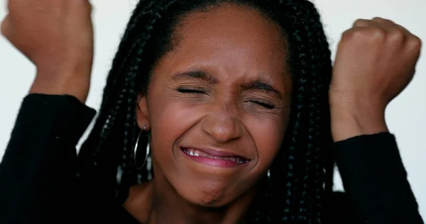 Anxious African Girl Emotional Reaction Black Teen Woman Hitting Own — Fotografia de Stock