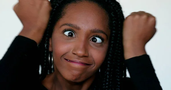 Anxious African Girl Emotional Reaction Black Teen Woman Hitting Own — Fotografia de Stock