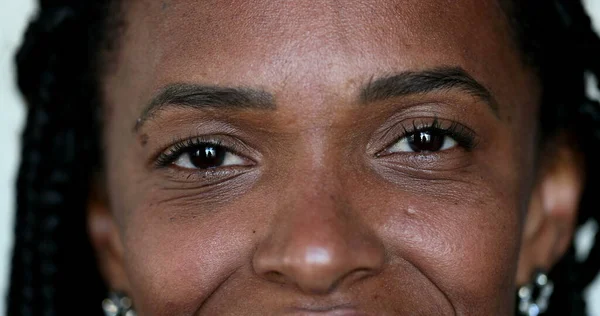 African Black Woman Smiling Camera Macro Close Eyes Fce — 图库照片