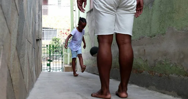 Adult Kicking Ball Child Parent Child Bonding Playing Soccer — Zdjęcie stockowe