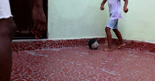 Adult Kicking Ball Child Parent Child Bonding Playing Soccer — Zdjęcie stockowe