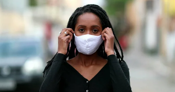 Portrait Black African Girl Removing Covid Face Mask Feeling Relief — Fotografia de Stock