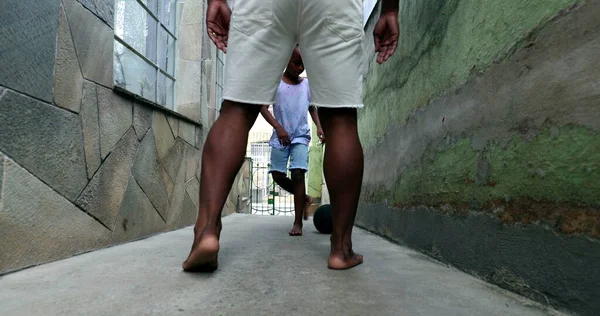 African Father Child Boy Playing Soccer Together Home Alley — Zdjęcie stockowe