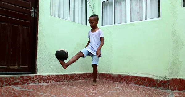 African Child Playing Ball Black Young Boy Kid Plays Sport — Zdjęcie stockowe