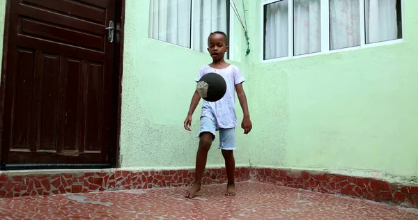 African Child Playing Ball Black Young Boy Kid Plays Sport — Zdjęcie stockowe