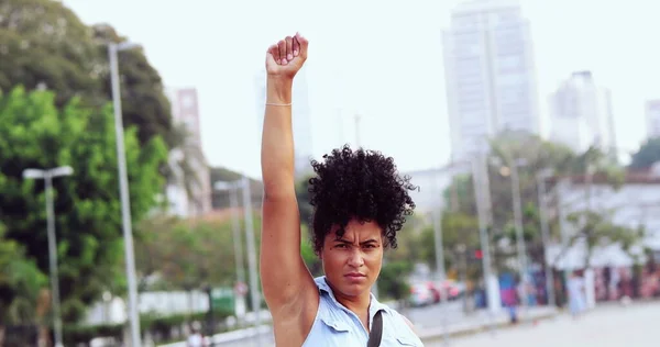 African American Political Protester Raises Fist Air — Stock Photo, Image