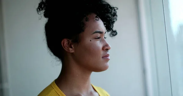 Pensive Young African American Woman Looking Out Window Thoughtful Black — 스톡 사진