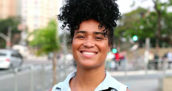 Ethnically Diverse Young Woman Smiling Camera City — Zdjęcie stockowe