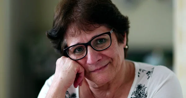 Thoughtful Pensive Older Woman Portrait Staring Camera — Stock Photo, Image