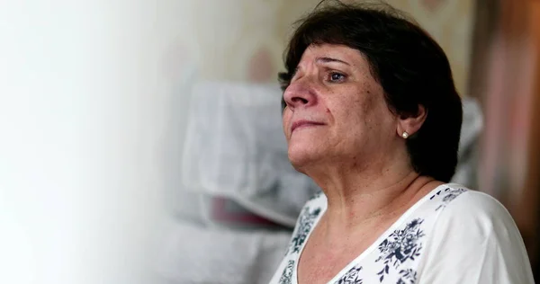 Sad Pensive Older Woman Looking Out Window Thoughtful Depressed Lady — Stock Photo, Image