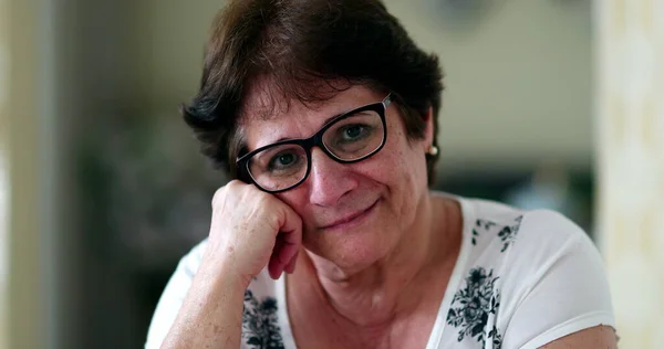 Thoughtful Pensive Older Woman Portrait Staring Camera — Stock Photo, Image