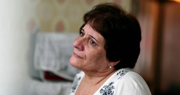 Sad Pensive Older Woman Looking Out Window Thoughtful Depressed Lady — Stock Photo, Image