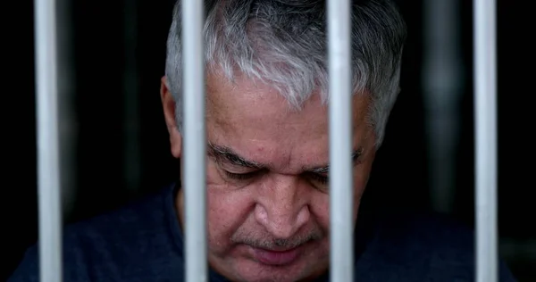 Older man feeling trapped holding into iron gate. Senior holds on bar imprisoned