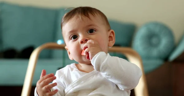 Bebé Comiendo Fruta Manzana Bebé Pequeño Sosteniendo Bocadillos Saludables —  Fotos de Stock