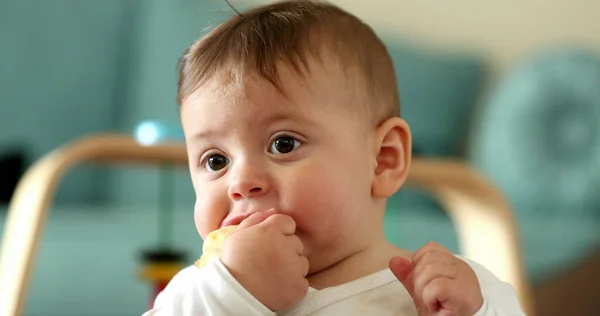 Cara Bebé Comiendo Fruta Bocadillo Saludable Bebé Come Pedazo Fruta —  Fotos de Stock