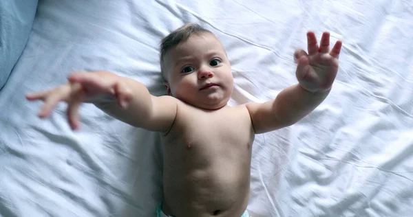 Schattige Baby Peuter Liggend Bed Kijken Naar Camera — Stockfoto