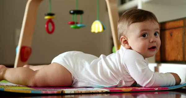 Cute Baby Infant Lying Floor Smiling Camera Portrait One Year — Stock Photo, Image